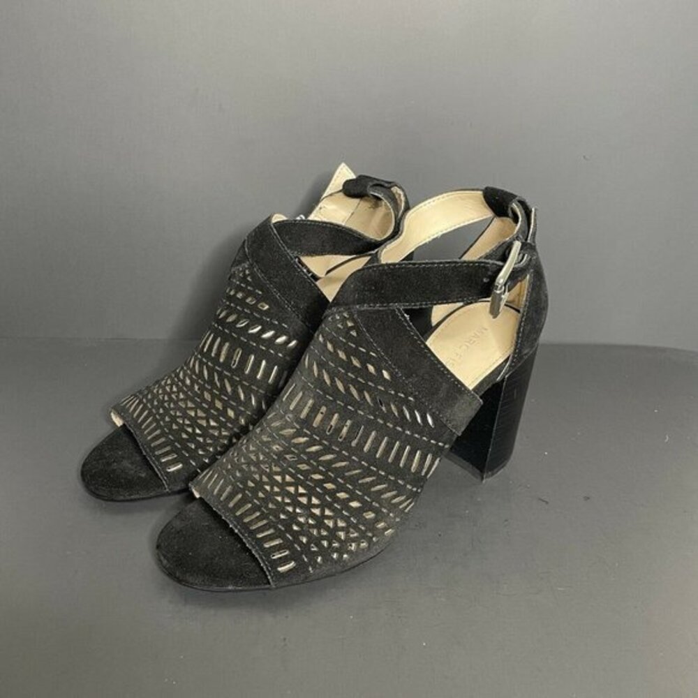 Marc Fisher Geela Black Cutout Geometric Faux Suede Open Toe Stacked Heels 8 M